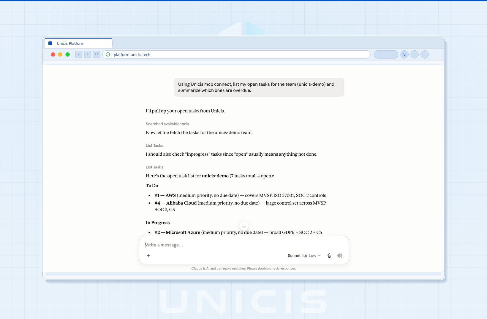 Claude using the Unicis MCP server to list open tasks for a team and summarize which ones are overdue