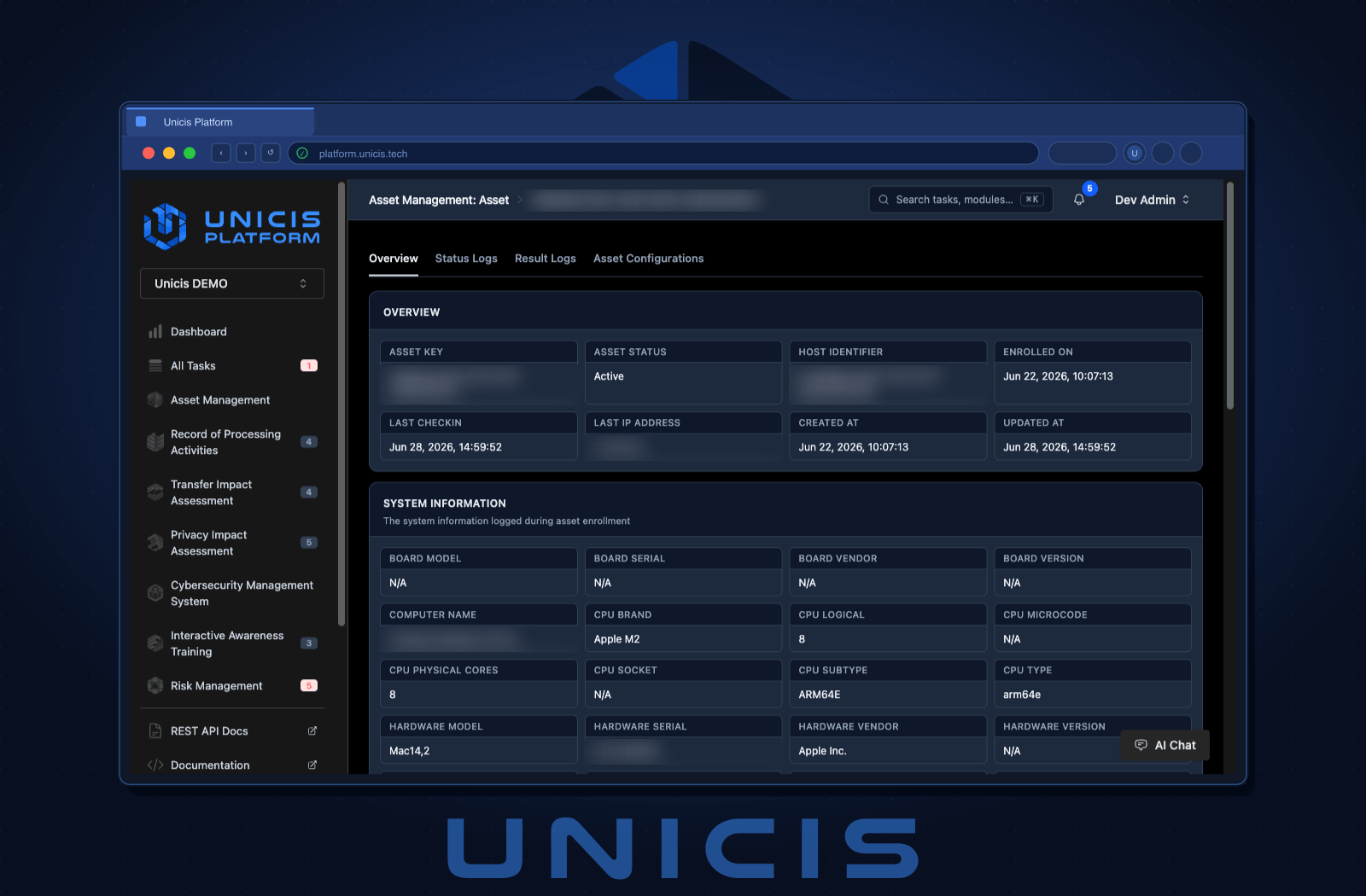 Asset detail page with overview, status logs, result logs, and the configuration the node received — dark mode