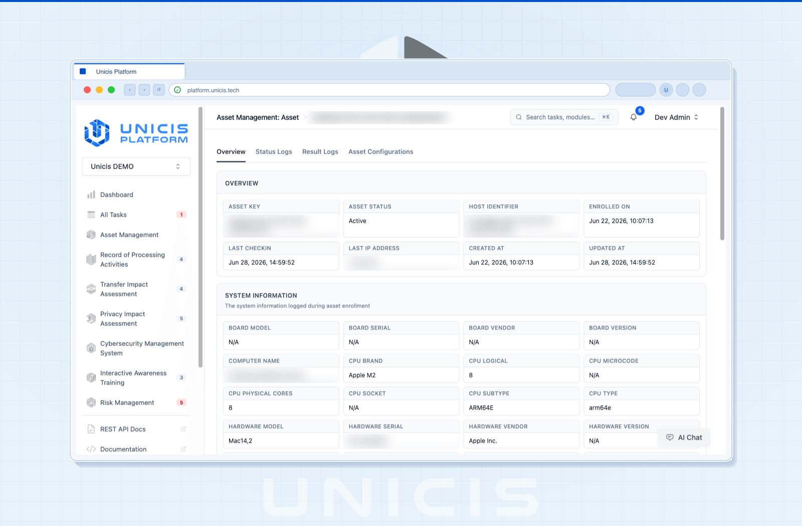Asset detail page with overview, status logs, result logs, and the configuration the node received — light mode