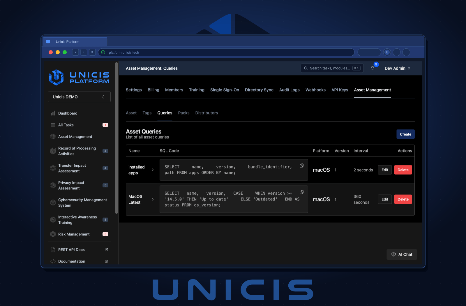 Saved osquery queries with SQL body, platform target, and schedule interval — dark mode
