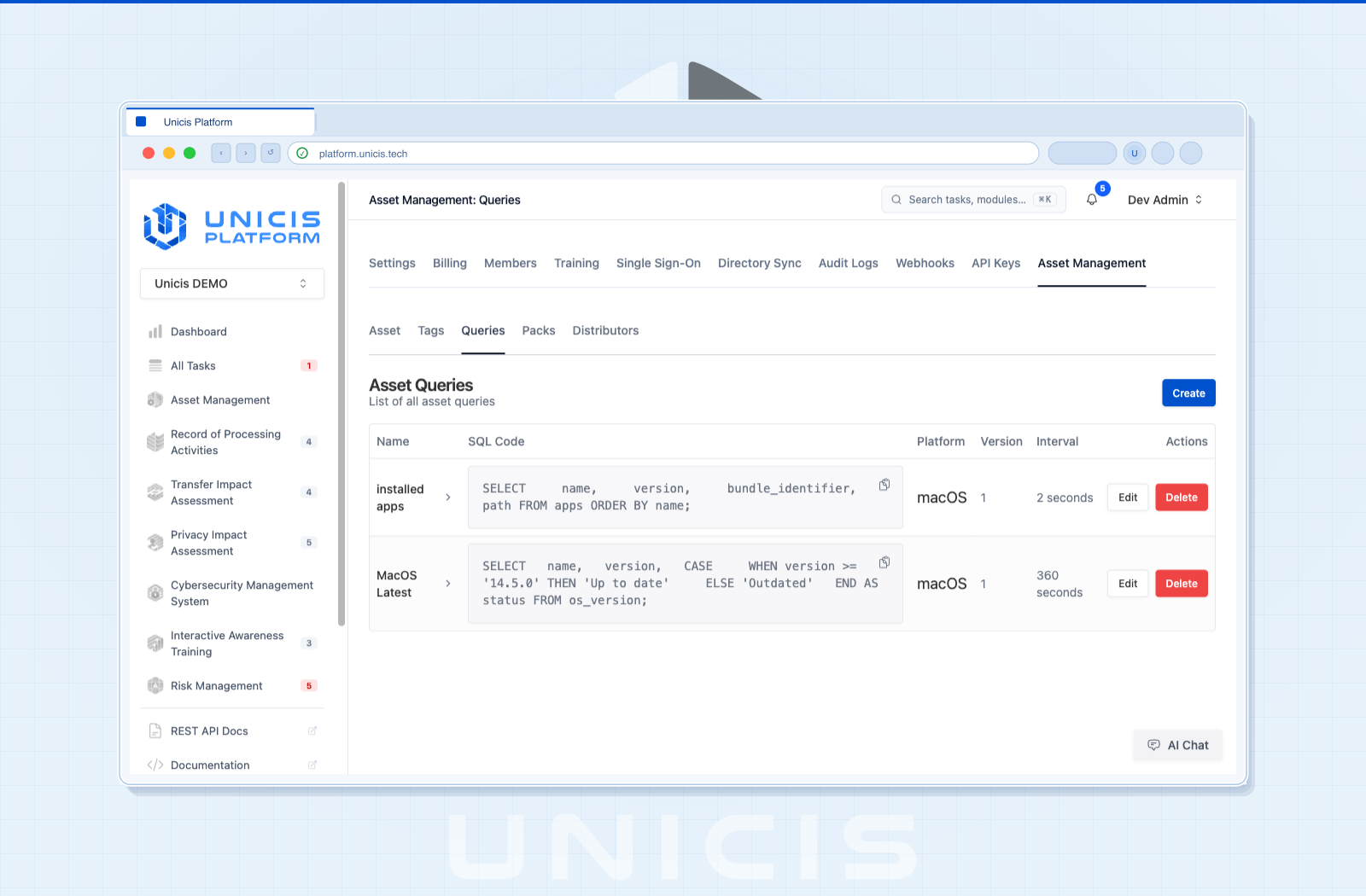Saved osquery queries with SQL body, platform target, and schedule interval — light mode