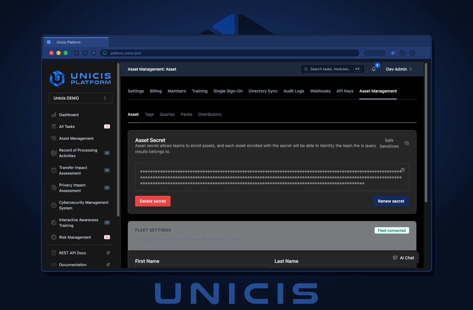 Asset Management settings showing the per-team enrollment secret and Fleet connection — dark mode