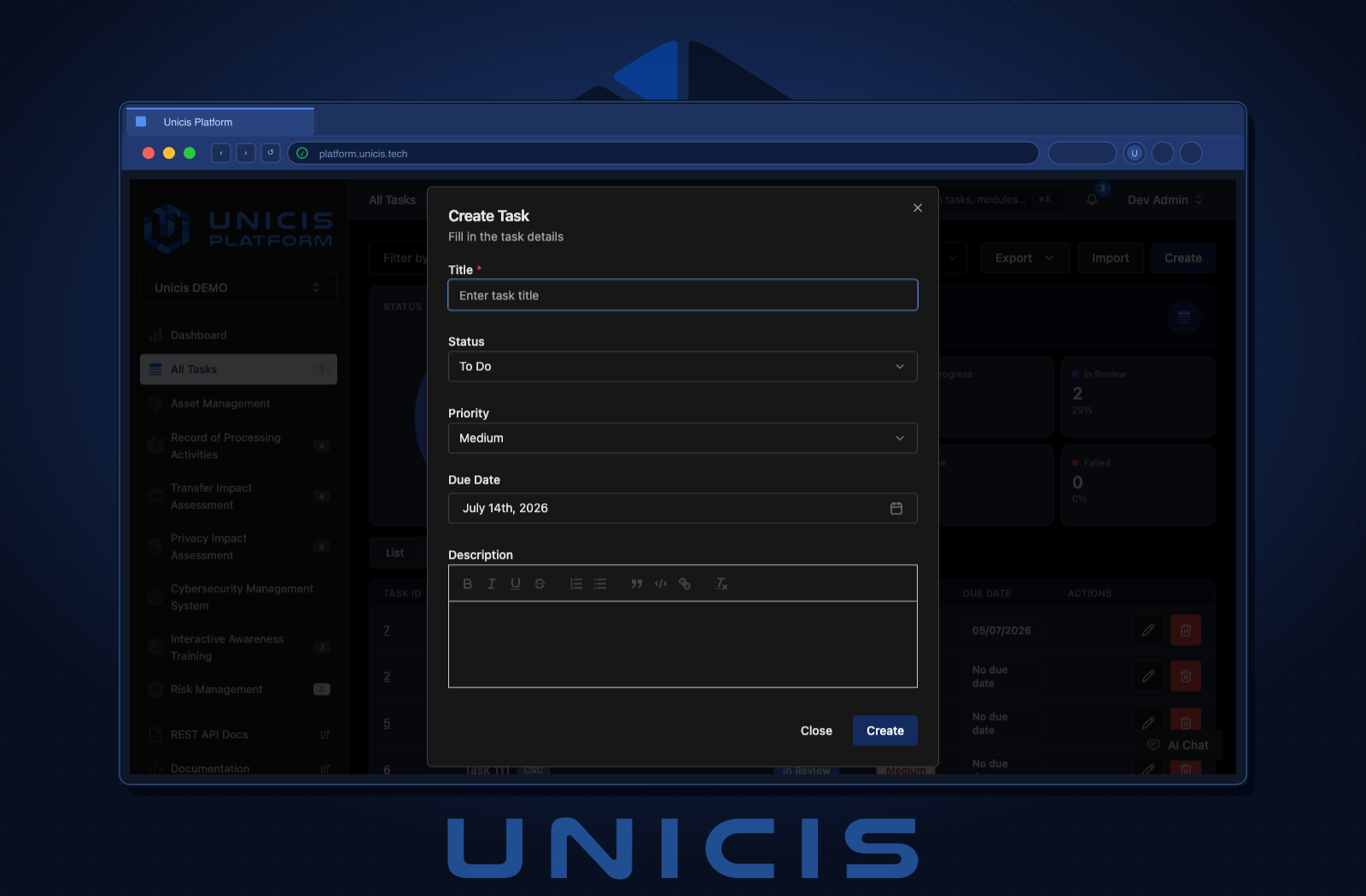 Creating a new task in Unicis Platform