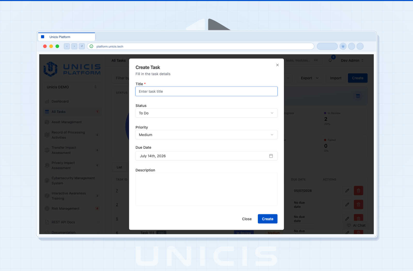 Creating a new task in Unicis Platform