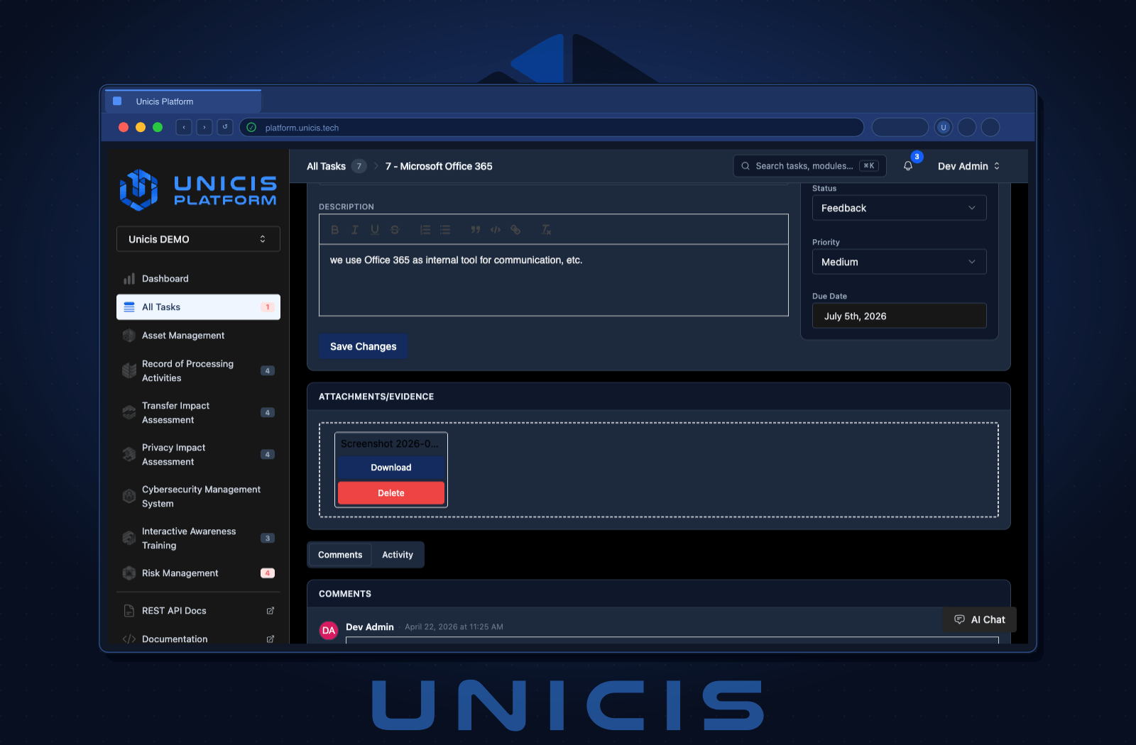 Attaching evidence to a task in Unicis Platform