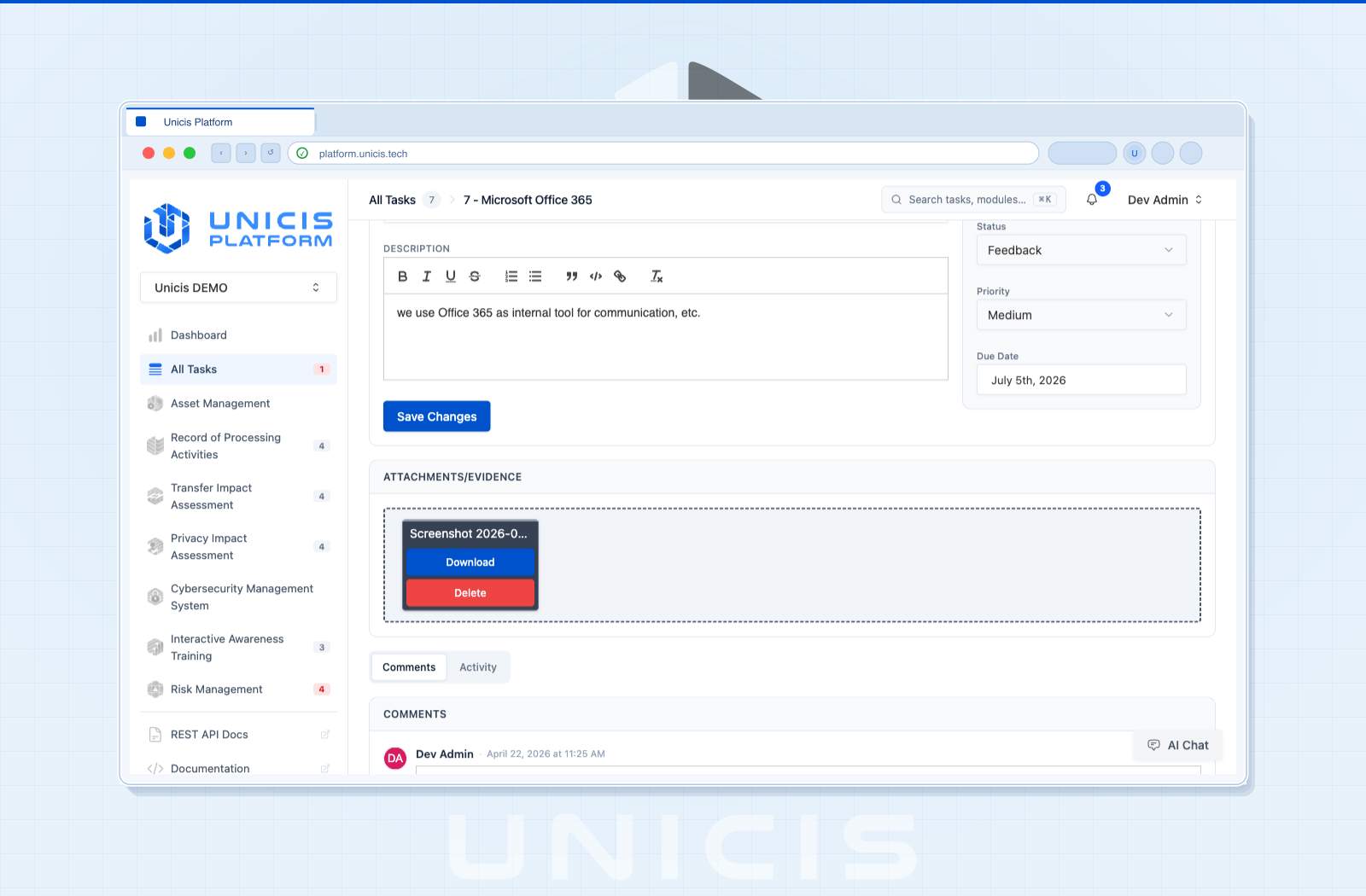 Attaching evidence to a task in Unicis Platform