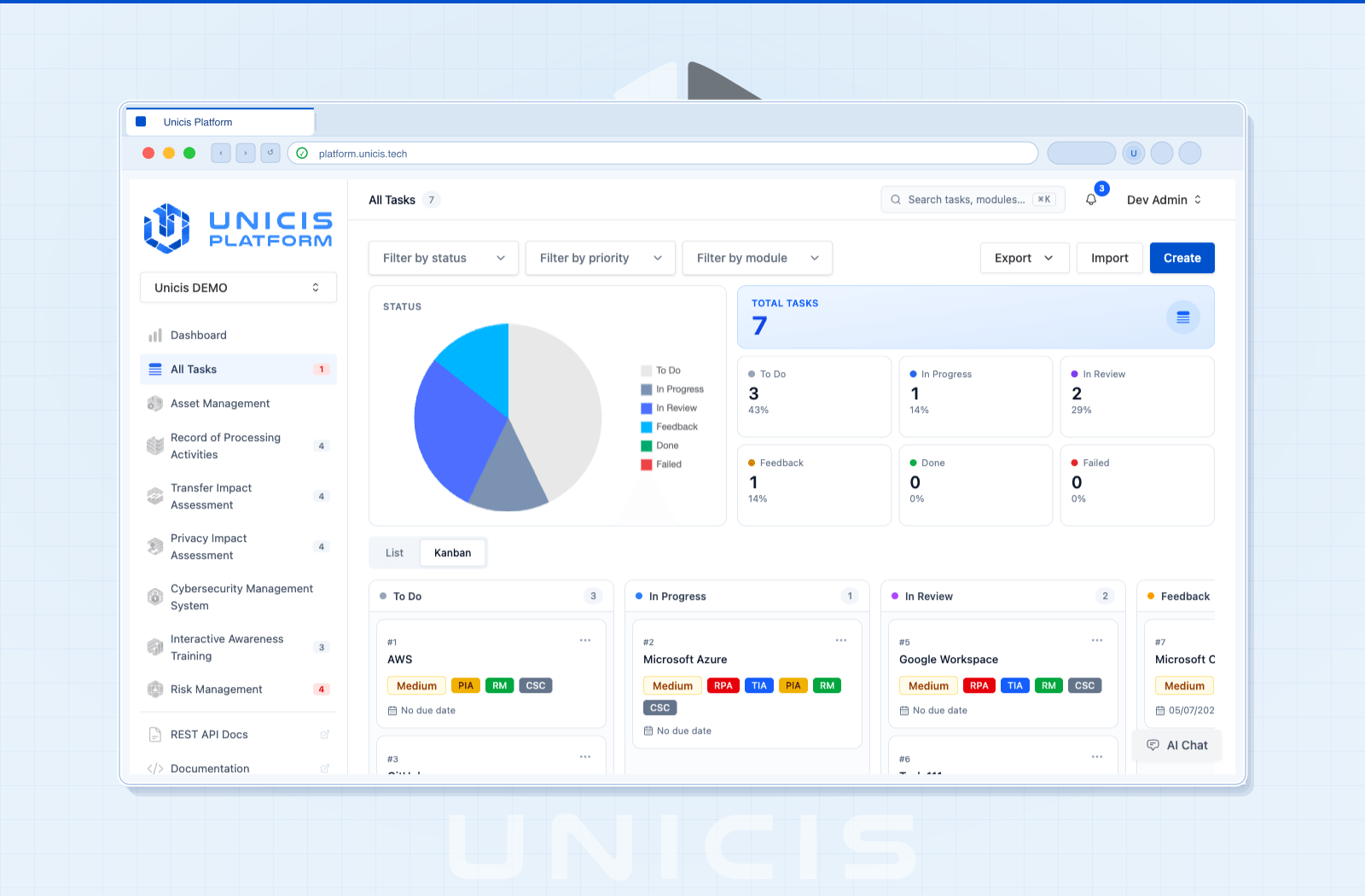Kanban board view of tasks in Unicis Platform