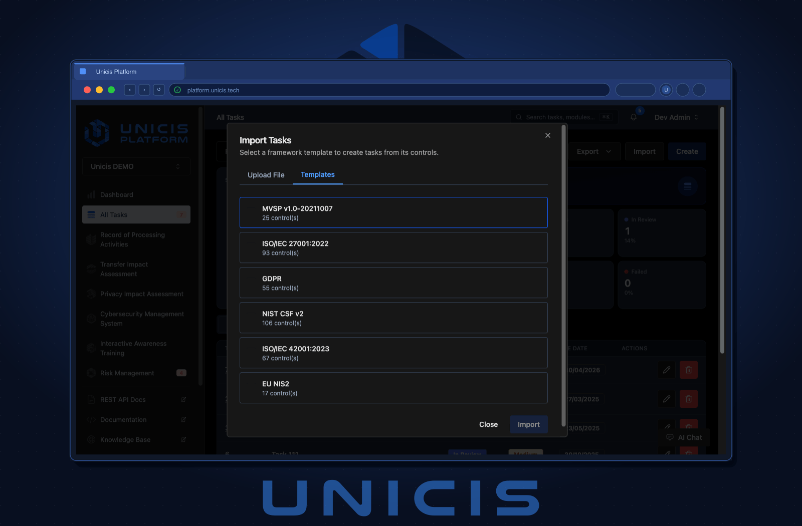 Importing tasks from the GDPR framework template in Unicis Platform