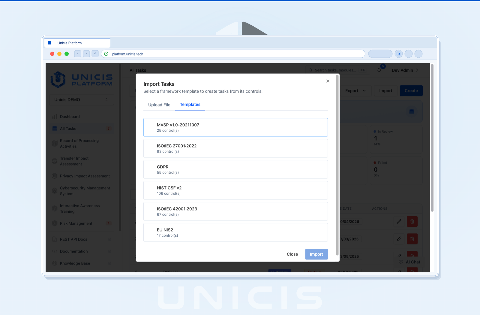 Importing tasks from the GDPR framework template in Unicis Platform